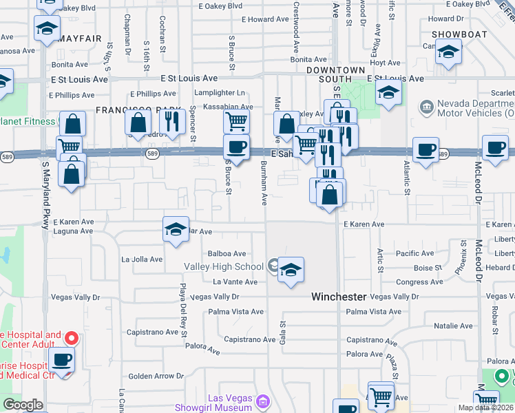 map of restaurants, bars, coffee shops, grocery stores, and more near 1 Burnham Avenue in Las Vegas