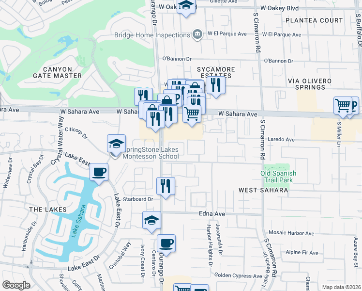 map of restaurants, bars, coffee shops, grocery stores, and more near 2606 South Durango Drive in Las Vegas