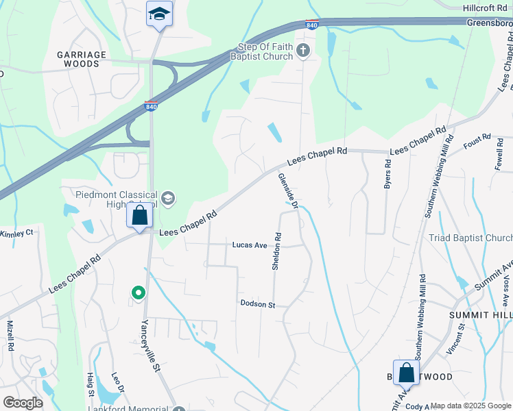 map of restaurants, bars, coffee shops, grocery stores, and more near 1604 Lees Chapel Road in Greensboro