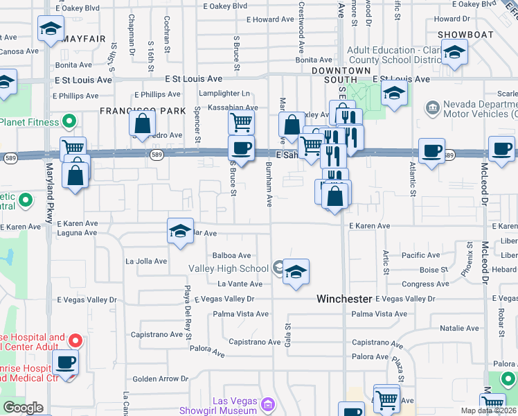 map of restaurants, bars, coffee shops, grocery stores, and more near 2080 Karen Avenue in Las Vegas