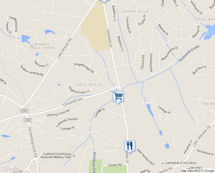 map of restaurants, bars, coffee shops, grocery stores, and more near 3225 Regents Park Lane in Greensboro