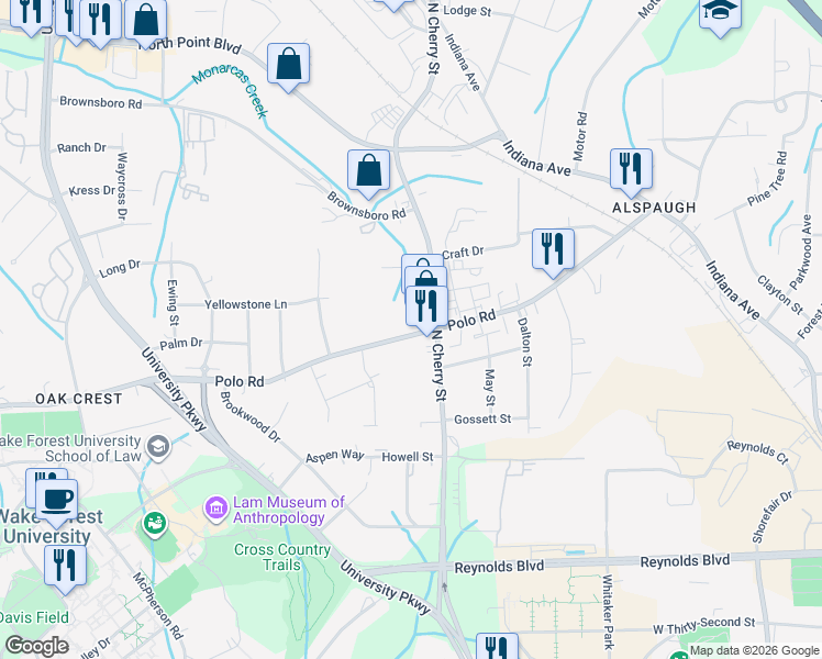 map of restaurants, bars, coffee shops, grocery stores, and more near 520 Polo Road in Winston-Salem