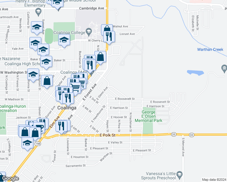 map of restaurants, bars, coffee shops, grocery stores, and more near 530 North Pine Street in Coalinga