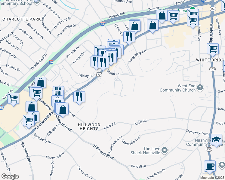 map of restaurants, bars, coffee shops, grocery stores, and more near 6435 Fleetwood Drive in Nashville