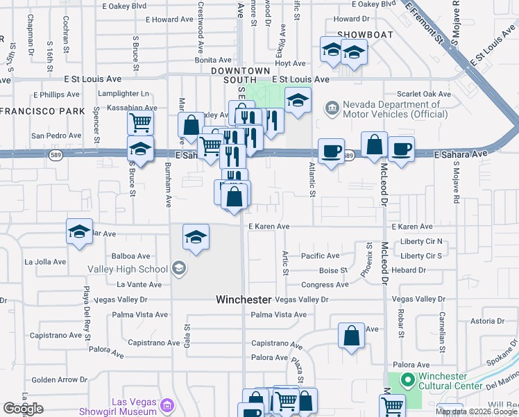 map of restaurants, bars, coffee shops, grocery stores, and more near 2476 Karen Avenue in Las Vegas