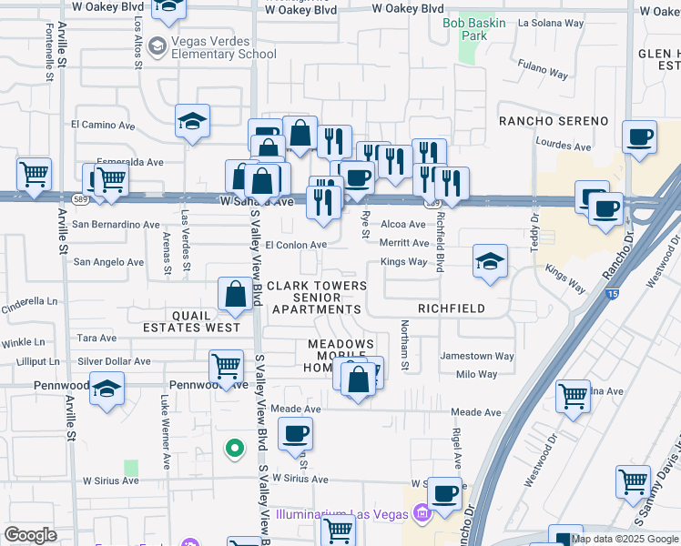 map of restaurants, bars, coffee shops, grocery stores, and more near 3401 El Conlon Avenue in Las Vegas