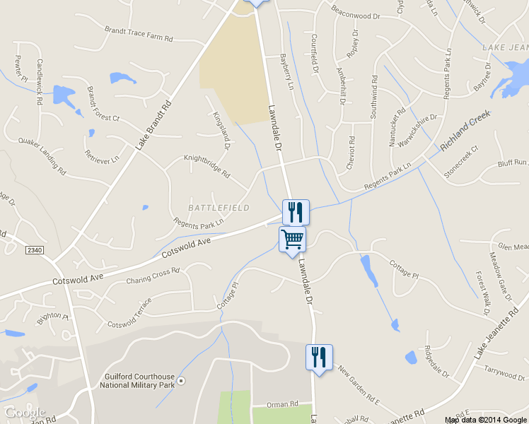 map of restaurants, bars, coffee shops, grocery stores, and more near 3225 Regents Park Lane in Greensboro