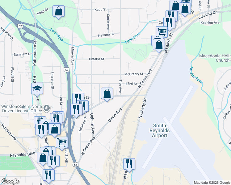 map of restaurants, bars, coffee shops, grocery stores, and more near 701 Akron Drive in Winston-Salem