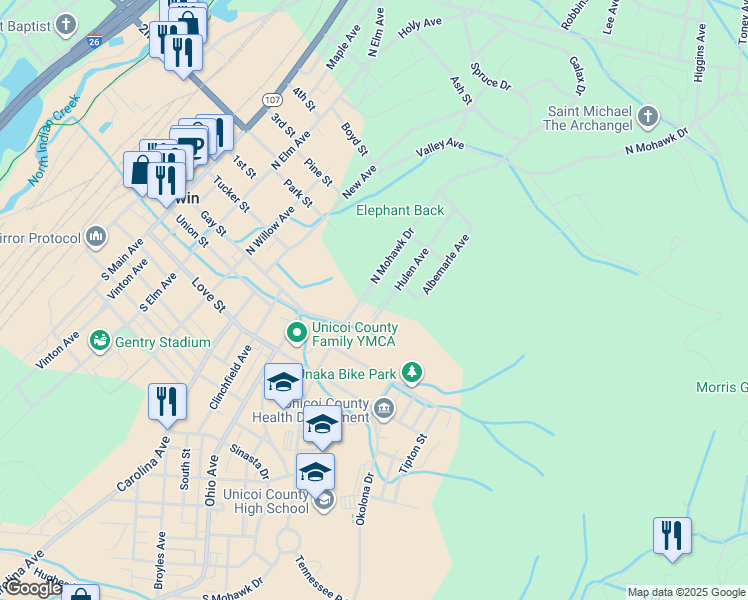 map of restaurants, bars, coffee shops, grocery stores, and more near 200 4 Seasons Circle in Erwin