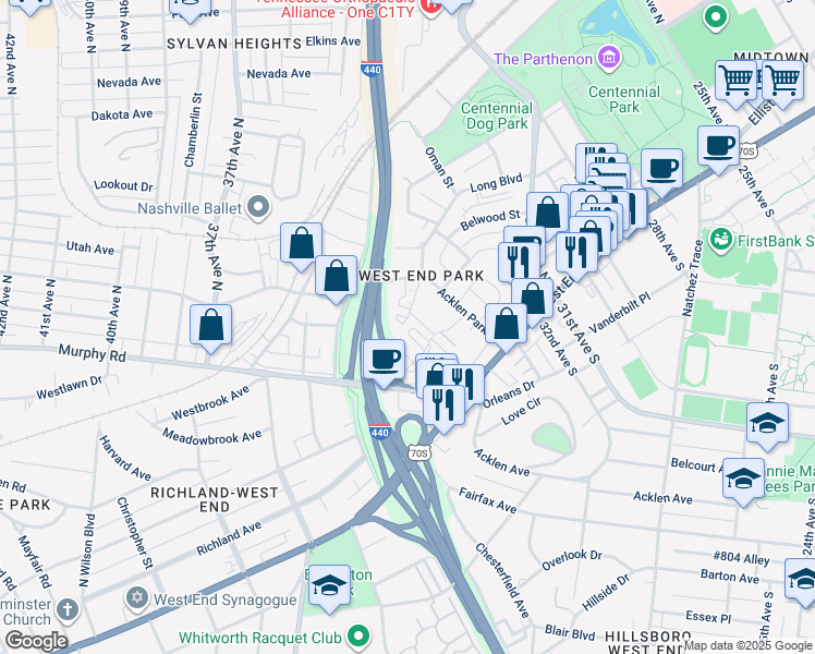 map of restaurants, bars, coffee shops, grocery stores, and more near 230 Fairmont Court in Nashville