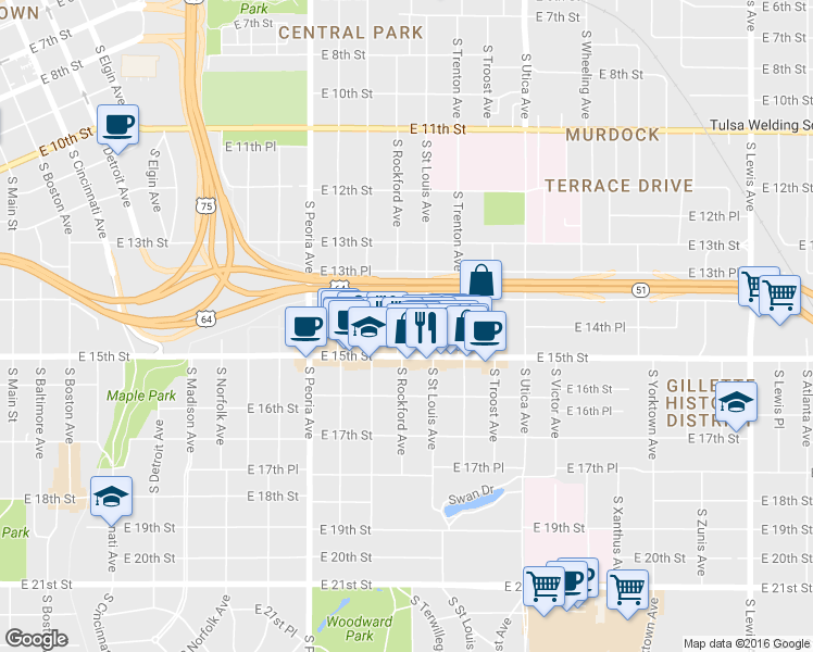 map of restaurants, bars, coffee shops, grocery stores, and more near 1442 South Saint Louis Avenue in Tulsa