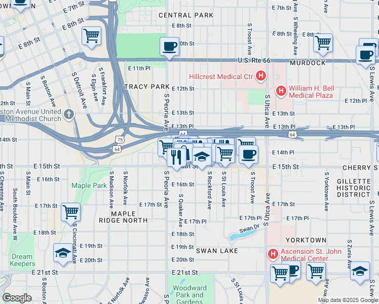 map of restaurants, bars, coffee shops, grocery stores, and more near in Tulsa