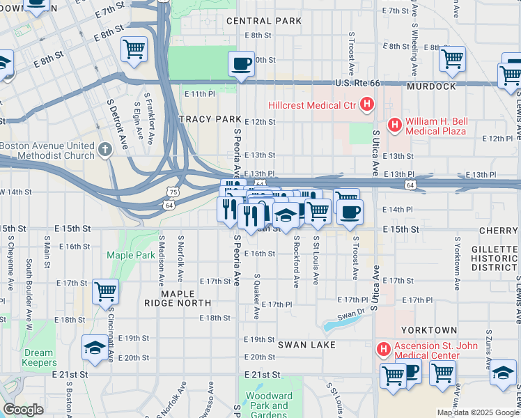 map of restaurants, bars, coffee shops, grocery stores, and more near 1441 South Quaker Avenue in Tulsa