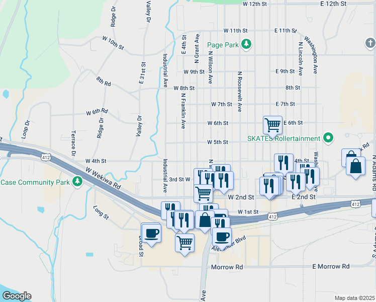 map of restaurants, bars, coffee shops, grocery stores, and more near 400 North Grant Avenue in Sand Springs
