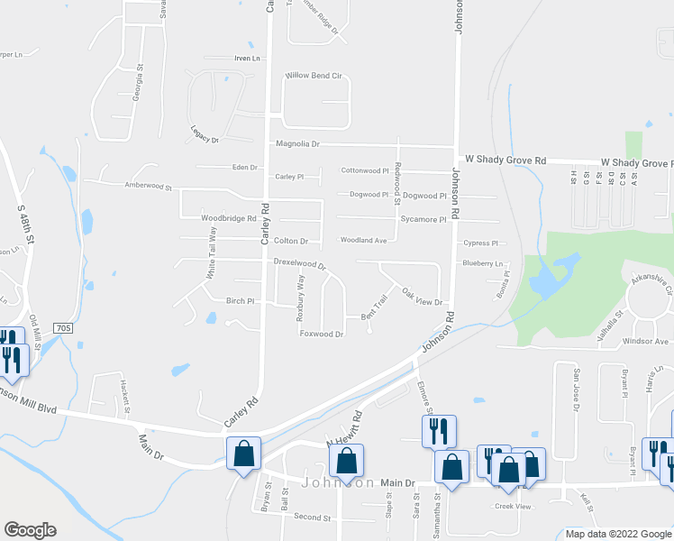 map of restaurants, bars, coffee shops, grocery stores, and more near 2704 Drexelwood Drive in Springdale