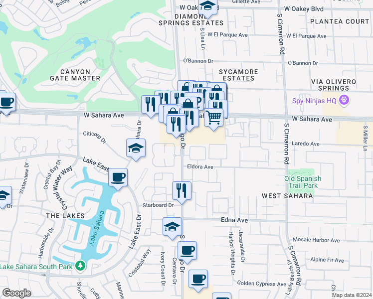 map of restaurants, bars, coffee shops, grocery stores, and more near 2606 South Durango Drive in Las Vegas