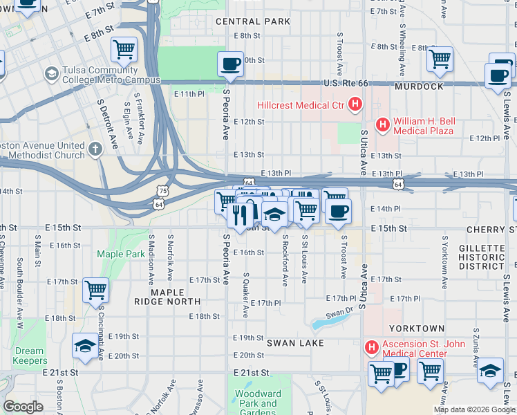 map of restaurants, bars, coffee shops, grocery stores, and more near 1443 South Quincy Avenue in Tulsa