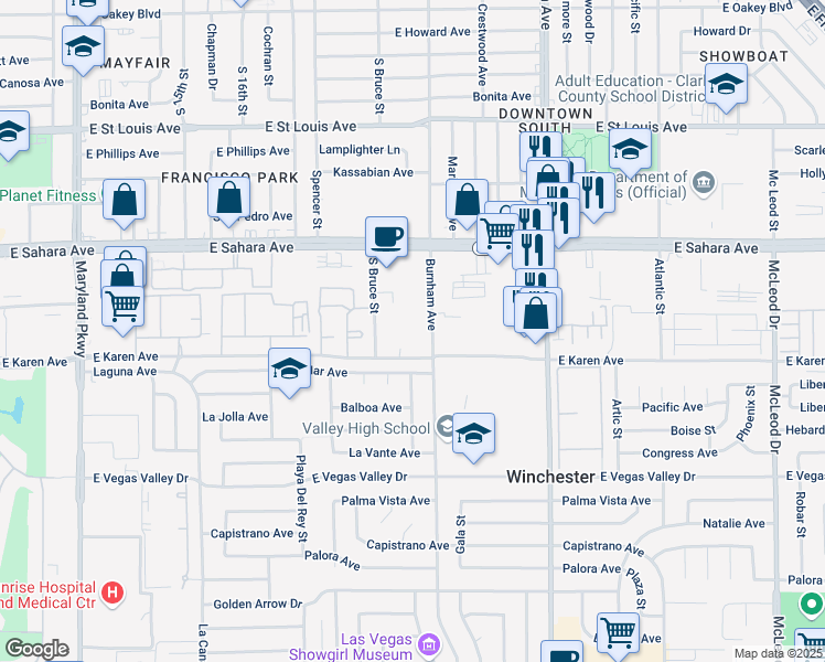 map of restaurants, bars, coffee shops, grocery stores, and more near 2080 Karen Avenue in Las Vegas
