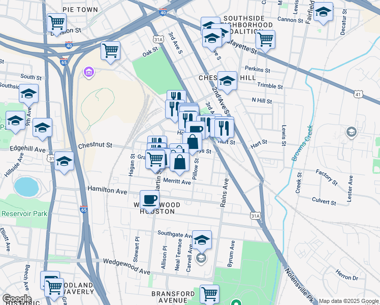 map of restaurants, bars, coffee shops, grocery stores, and more near 1305D Pillow Street in Nashville