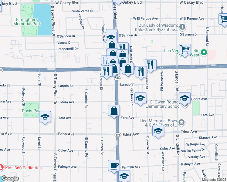 map of restaurants, bars, coffee shops, grocery stores, and more near 6125 Laredo Street in Las Vegas