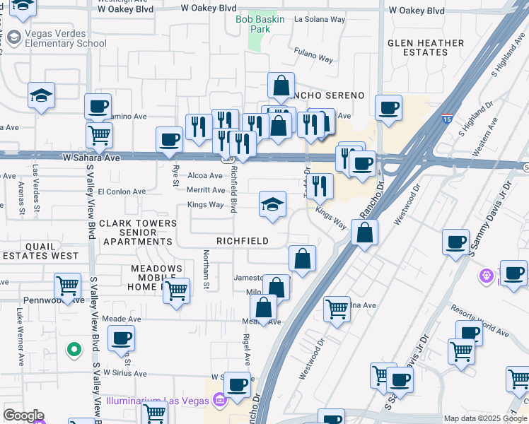 map of restaurants, bars, coffee shops, grocery stores, and more near 2813 Kings Way in Las Vegas