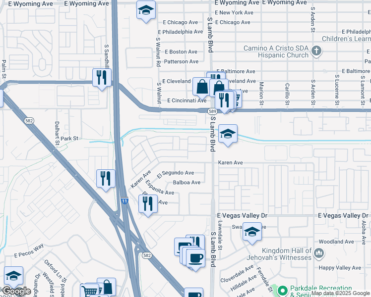 map of restaurants, bars, coffee shops, grocery stores, and more near 2627 South Lamb Boulevard in Las Vegas