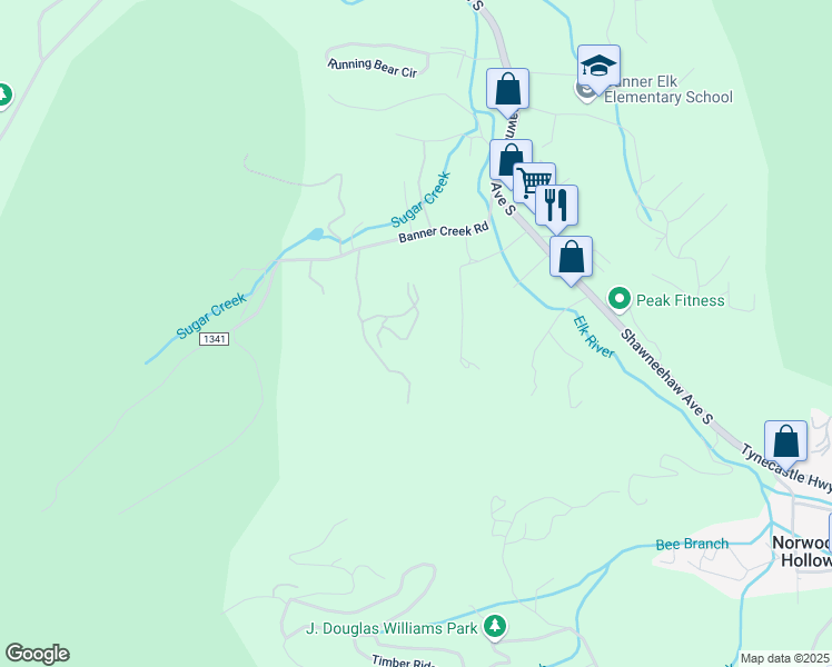map of restaurants, bars, coffee shops, grocery stores, and more near 144 Woods Lane in Beech Mountain