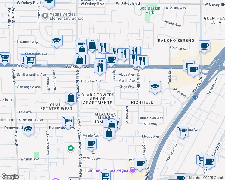 map of restaurants, bars, coffee shops, grocery stores, and more near 2608 Yardley Street in Las Vegas