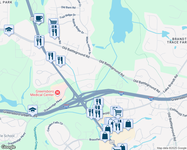 map of restaurants, bars, coffee shops, grocery stores, and more near 3405 Brookfield Drive in Greensboro