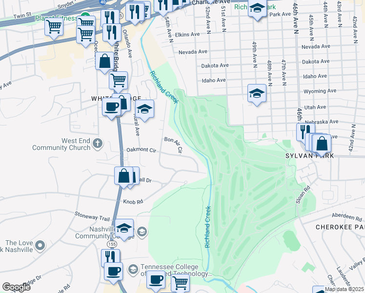 map of restaurants, bars, coffee shops, grocery stores, and more near 5506 Bon Air Circle in Nashville