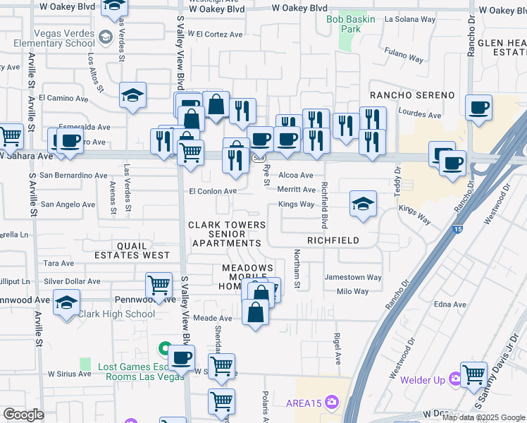 map of restaurants, bars, coffee shops, grocery stores, and more near 2608 Yardley Street in Las Vegas