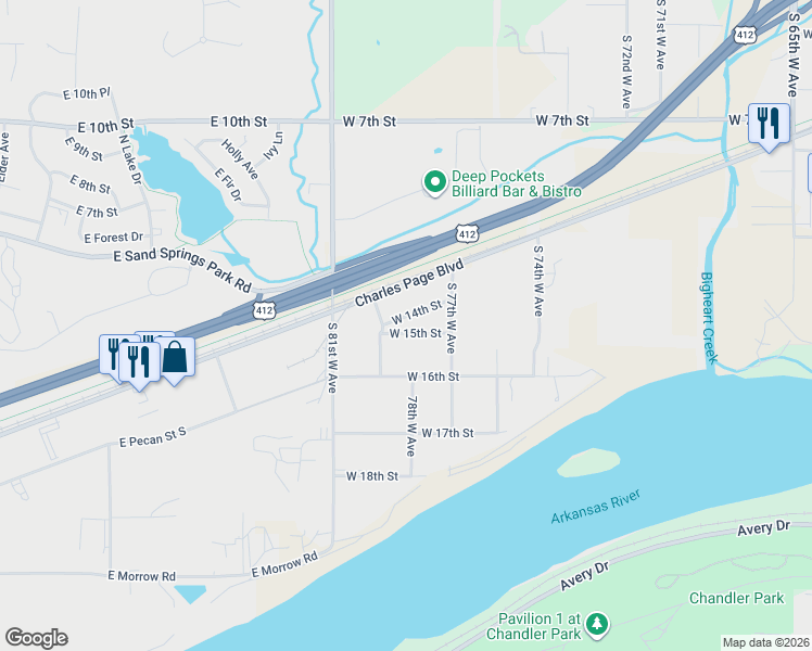 map of restaurants, bars, coffee shops, grocery stores, and more near 7754 West 15th Street in Tulsa