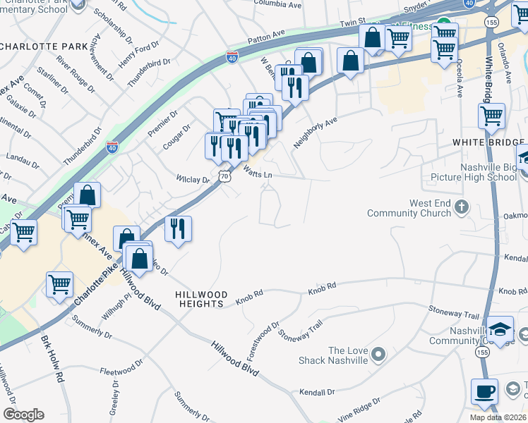 map of restaurants, bars, coffee shops, grocery stores, and more near 100 Watts Circle in Nashville