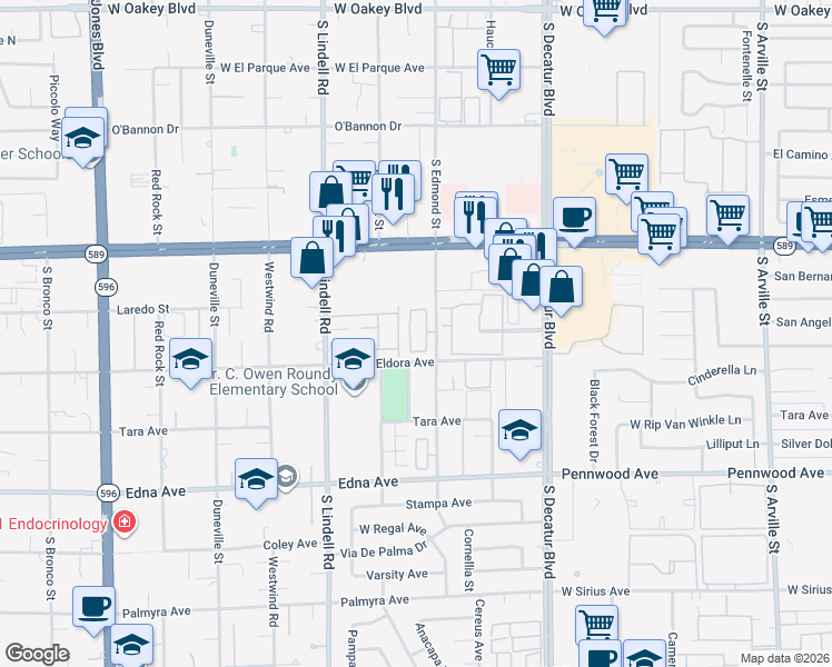 map of restaurants, bars, coffee shops, grocery stores, and more near 2690 Topaz Blue street in Las Vegas