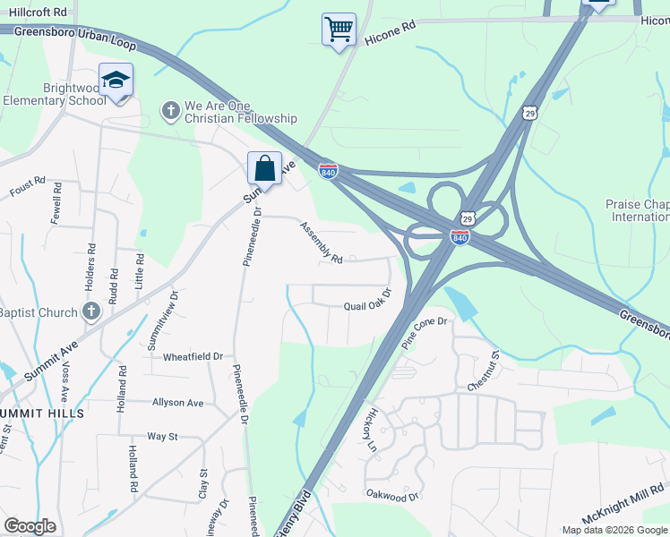 map of restaurants, bars, coffee shops, grocery stores, and more near 2804 Wild Poplar Way in Greensboro