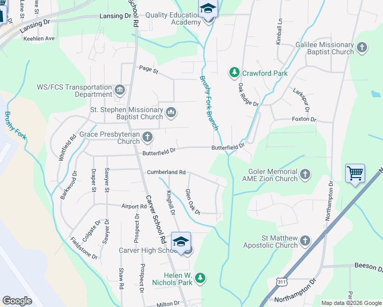 map of restaurants, bars, coffee shops, grocery stores, and more near 3401 Cumberland Road in Winston-Salem