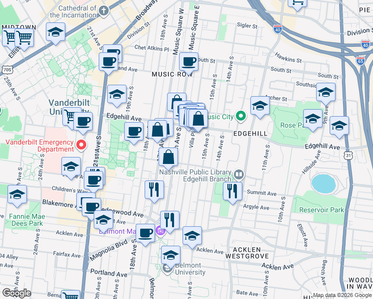 map of restaurants, bars, coffee shops, grocery stores, and more near in Nashville