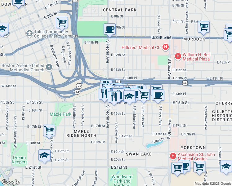 map of restaurants, bars, coffee shops, grocery stores, and more near 1441 South Quaker Avenue in Tulsa