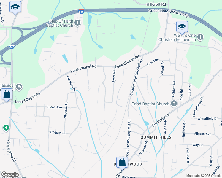 map of restaurants, bars, coffee shops, grocery stores, and more near 4717 Byers Road in Greensboro