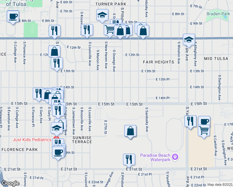 map of restaurants, bars, coffee shops, grocery stores, and more near 1445 South Oswego Avenue in Tulsa