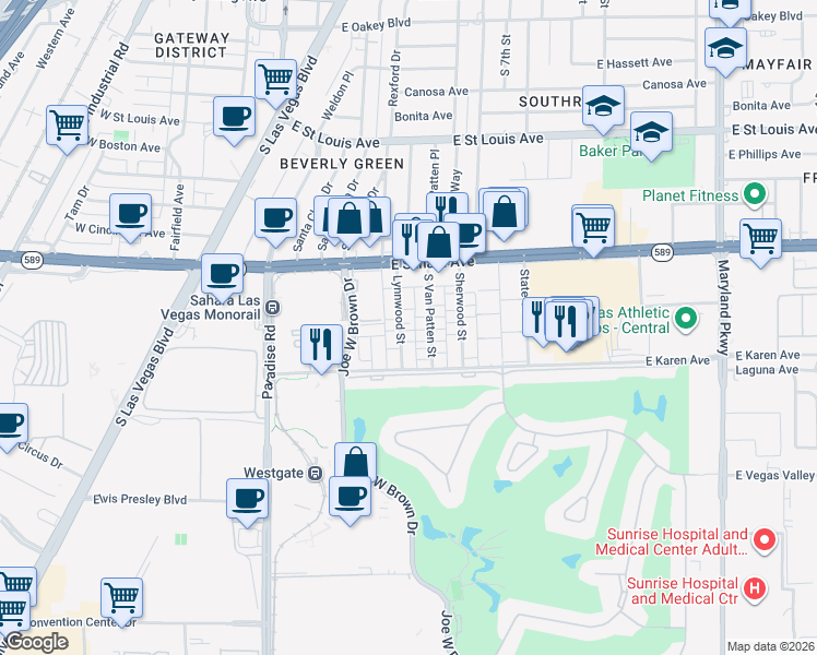 map of restaurants, bars, coffee shops, grocery stores, and more near 2616 Lynnwood Street in Las Vegas