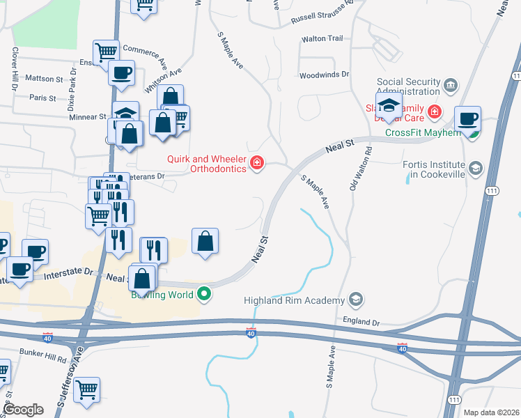 map of restaurants, bars, coffee shops, grocery stores, and more near 560 Neal Street in Cookeville