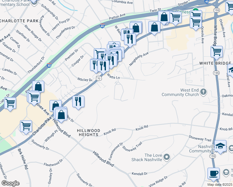 map of restaurants, bars, coffee shops, grocery stores, and more near 100-1098 Watts Cir in Nashville