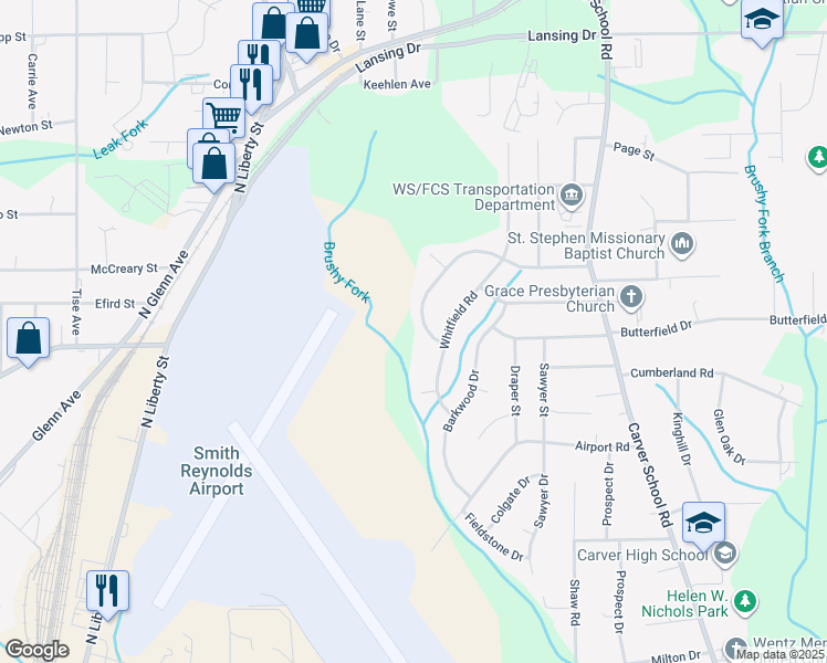 map of restaurants, bars, coffee shops, grocery stores, and more near 3760 Whitfield Road in Winston-Salem