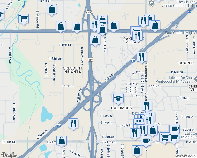 map of restaurants, bars, coffee shops, grocery stores, and more near 1466 South 107th East Avenue in Tulsa