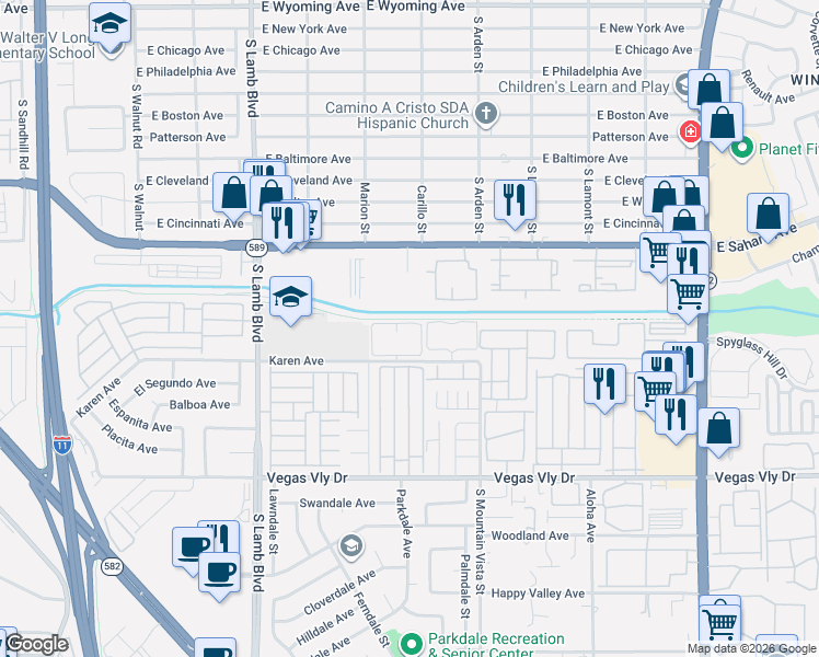 map of restaurants, bars, coffee shops, grocery stores, and more near 4450 East Karen Avenue in Las Vegas