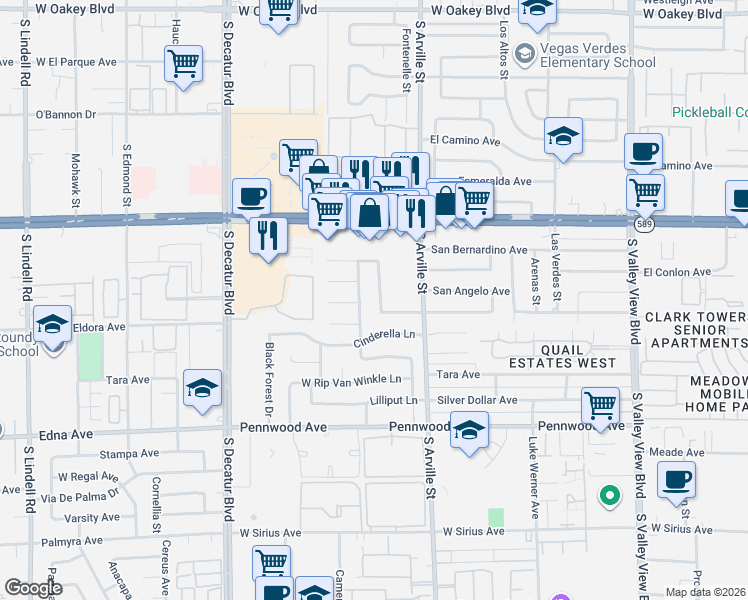 map of restaurants, bars, coffee shops, grocery stores, and more near 4513 San Joaquin Avenue in Las Vegas