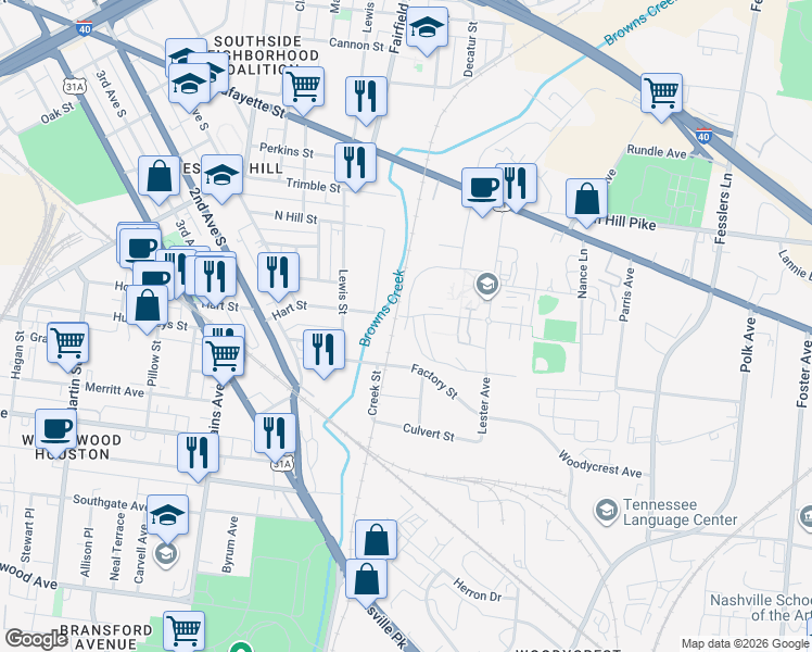 map of restaurants, bars, coffee shops, grocery stores, and more near 2-98 Factory Street in Nashville