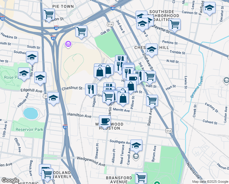 map of restaurants, bars, coffee shops, grocery stores, and more near in Nashville