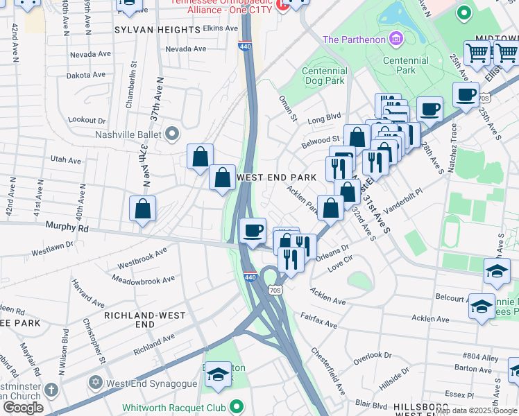 map of restaurants, bars, coffee shops, grocery stores, and more near 230 Fairmont Court in Nashville